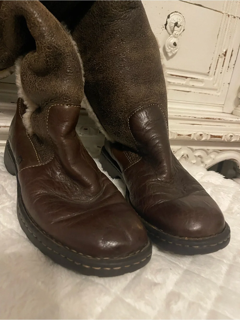 Born Brown Leather Knee High Shearling Boots